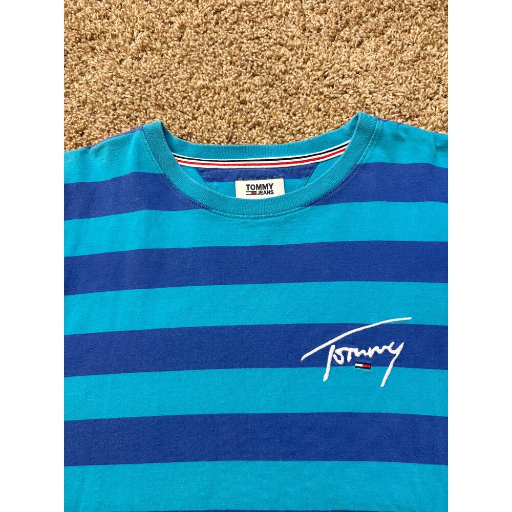 Vintage Tommy Hilfiger Jeans T-Shirt Blue Striped Logo Boxy FIt Mens Size Medium